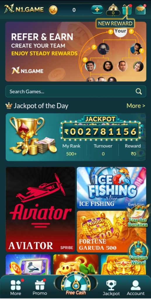 N1 Game Home Screen with Jackpot and Featured Games
